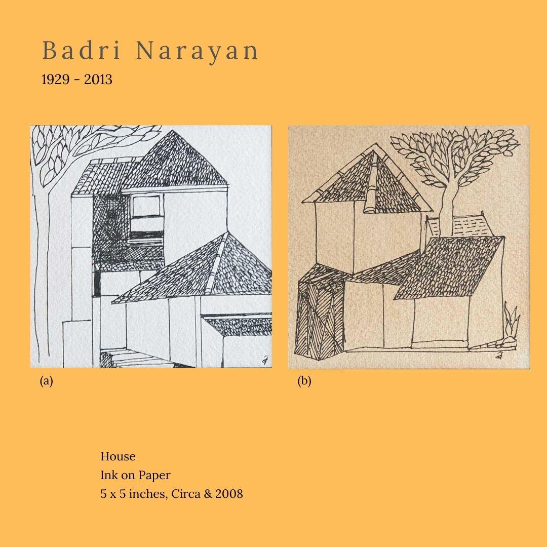 Landscape Painting Badri Narayan - Ensemble de 2 œuvres d'art, maison, dessin, encre sur papier, artiste indien moderne « en stock »
