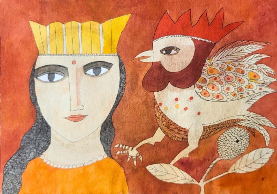 The Cockerel, Water colour on Paper Grey, Red by Indian Artist"In Stock"