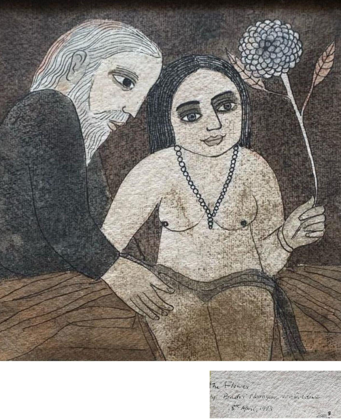 The Flower Water colour on Paper Grey, Brown by Indian Artist