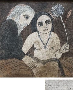 Il fiore Acquerello su carta Grigio, Marrone di Artista Indiano "In magazzino"