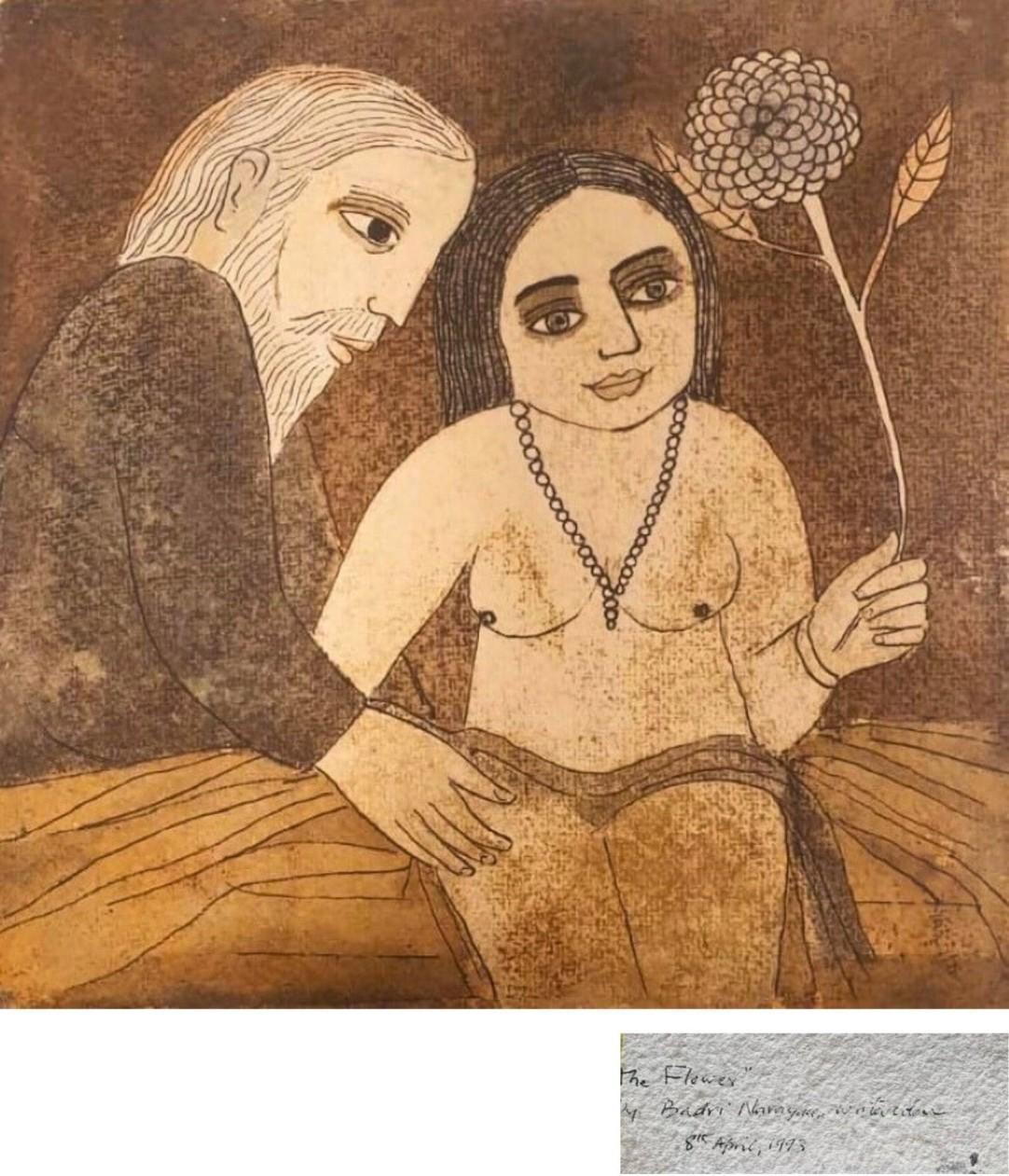 Badri Narayan Figurative Painting - The Flower Water colour on Paper Grey, Brown by Indian Artist"In Stock"