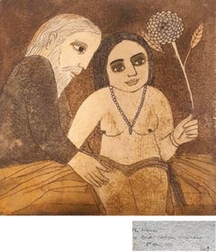The Flower Aquarell auf Papier Grau, Braun von Indian Artist "Auf Lager"