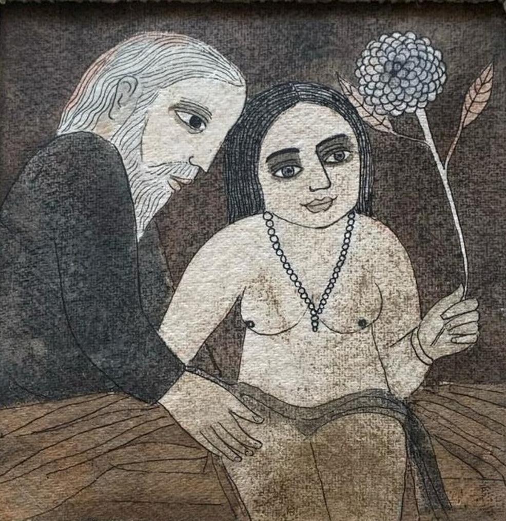 Badri Narayan Figurative Painting - The Flower Water colour on Paper Grey, Brown by Indian Artist"In Stock"