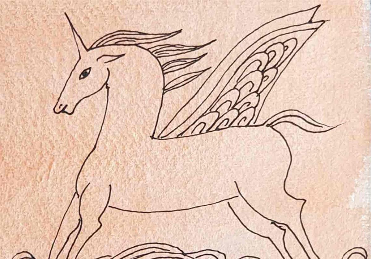 The Winged Unicorn, Horse, Pen Drawing, Watercolor on paper, Pink 