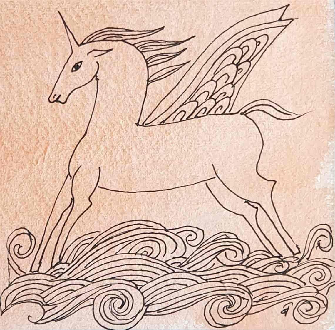 Badri Narayan Animal Painting - The Winged Unicorn, Horse, Pen Drawing, Watercolor on paper, Pink "In Stock"