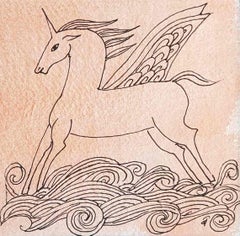 The Winged Unicorn, Horse, Pen Drawing, Watercolor on paper, Pink "In Stock"