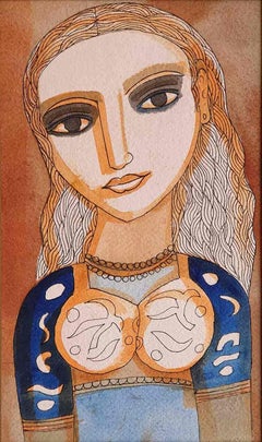 The Young Bride, Watercolor on paper, Blue, Brown by Indian Artist "In Stock"