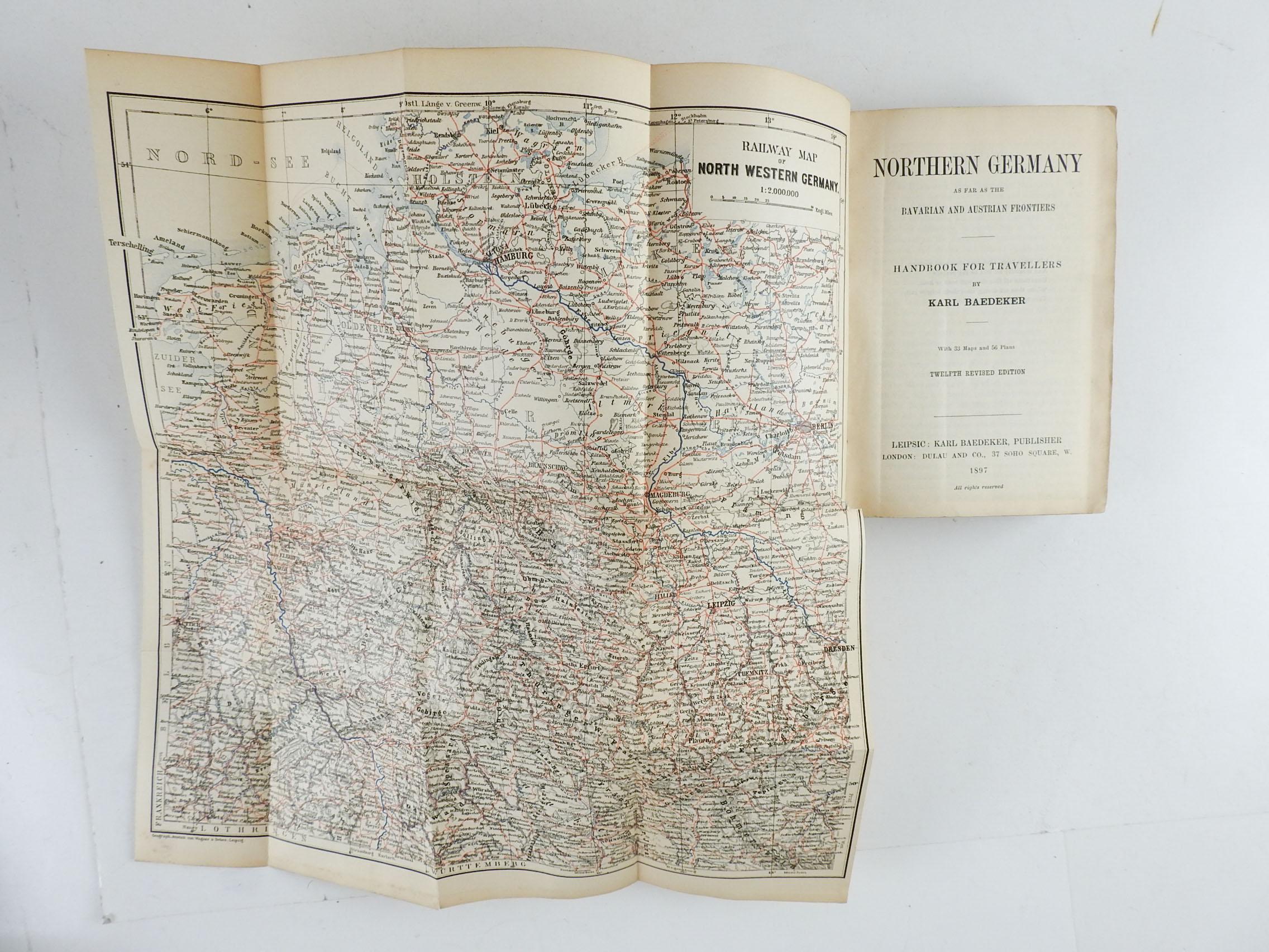Baedeker's Northern, 1897 and Southern Germany, 1914. Handbook for travelers by Karl Baedeker.  Published by Baedeker, Leipzig, 1897/1914. Since the 1830's Baedeker set the standard for authoritative pocket guidebooks for tourists.  Detailed