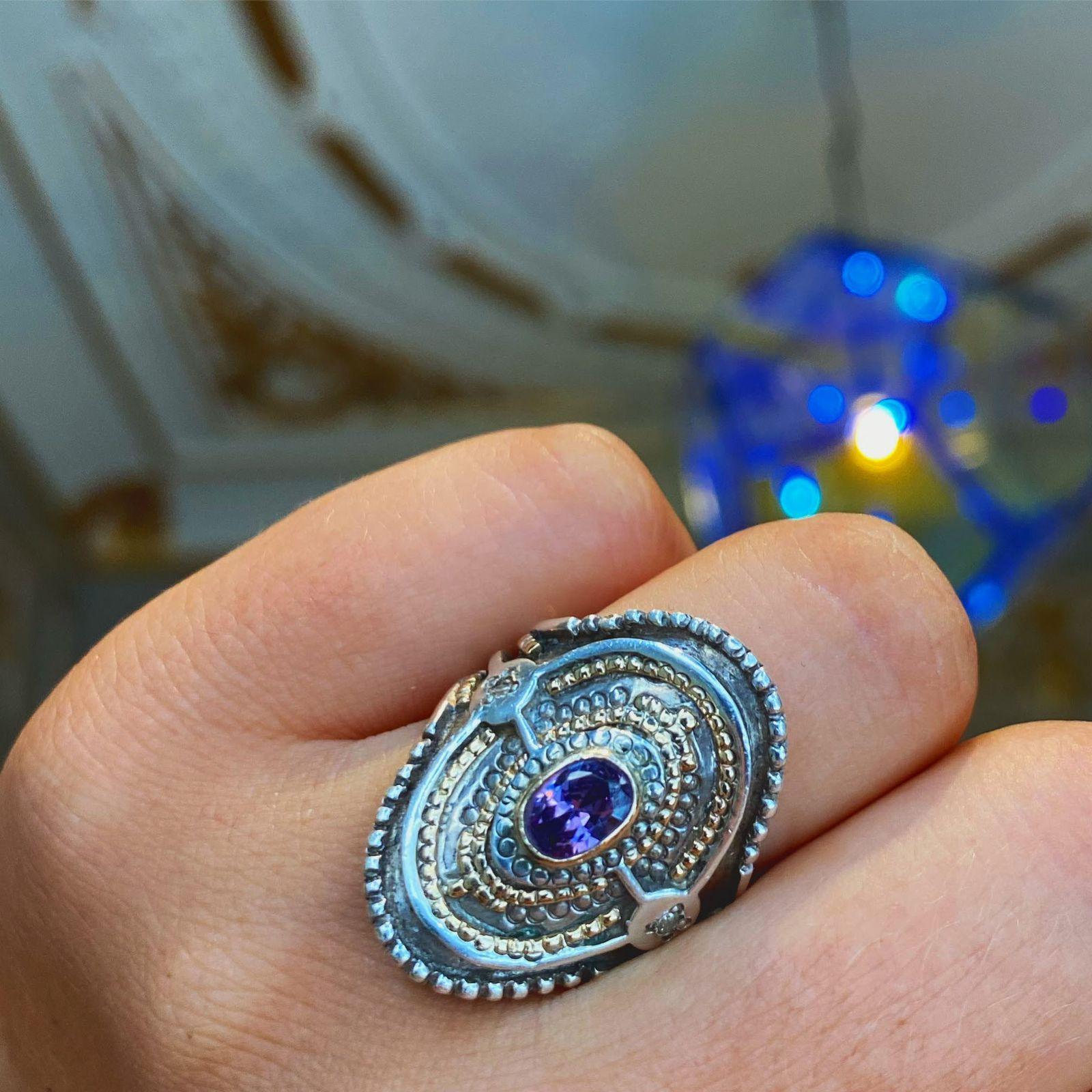 For Sale:  Bagdad Ring in Silver & Gold with Amethyst & Diamonds 7