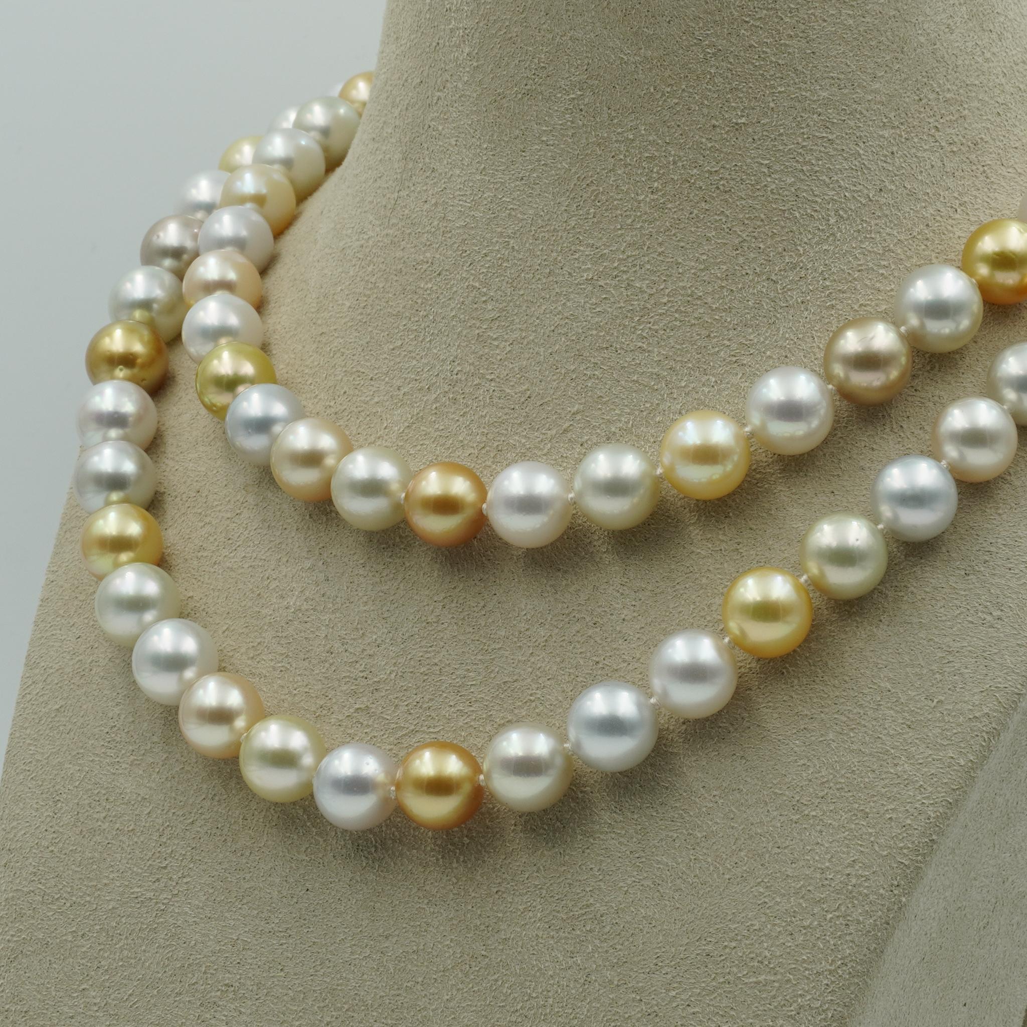 This necklace was made beautifully by Baggins with high-quality pearls that have a gorgeous glow. This necklace features a beautiful combination of golden and white south sea pearls arranged in an alternating pattern and graduate in size. The clasp