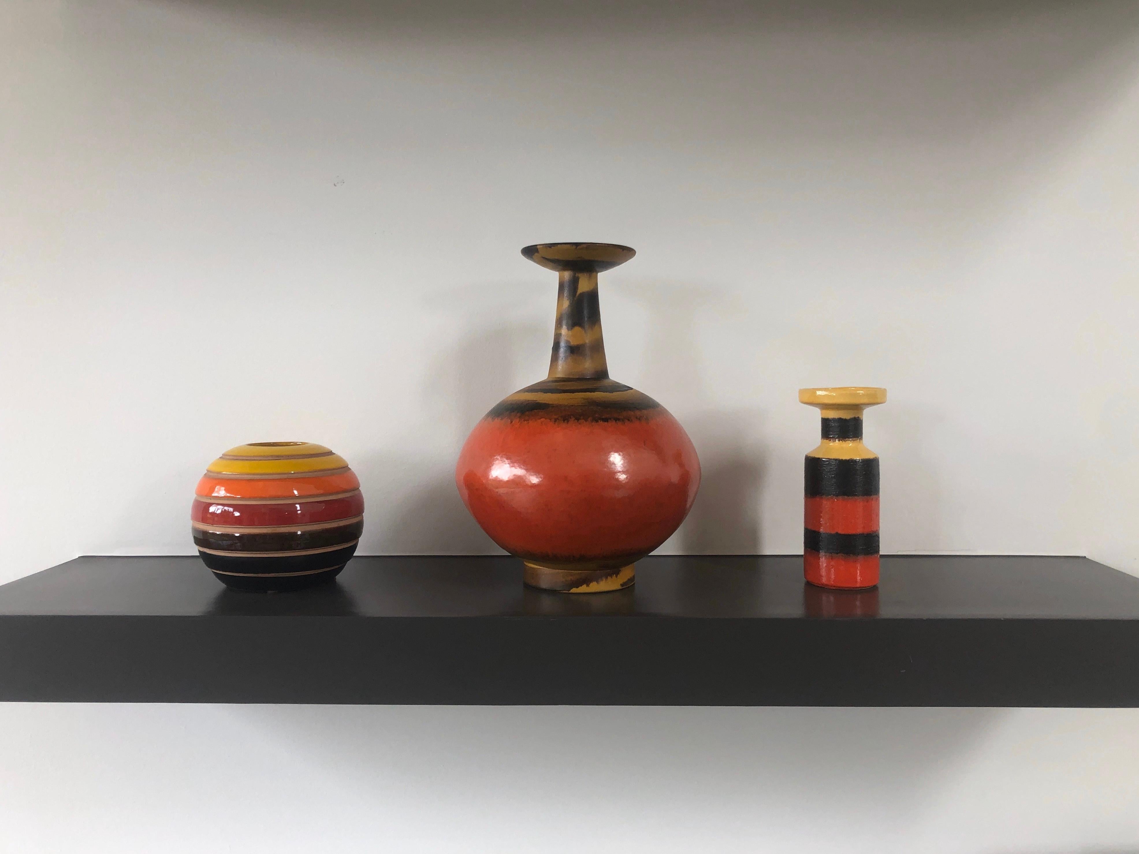 Alvino Bagni for Raymor Vase, Ceramic, Orange, Red, Yellow, Signed 6