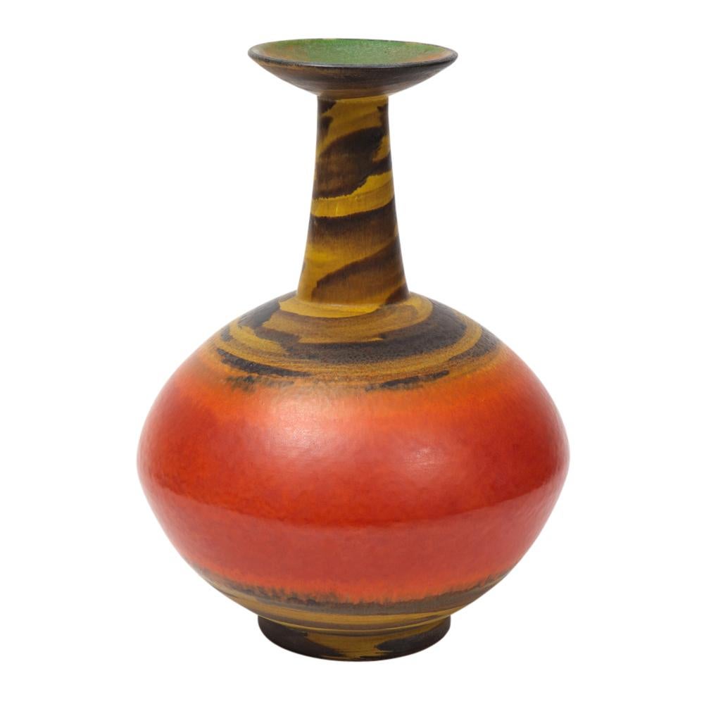 Bagni for Raymor vase, ceramic, orange red and yellow, signed. Large chunky vase with dark yellow and brown glazed elongated neck, green and orange mouth and red/orange glazed bulbous body. Alvino Bagni's studio in Florence, along with Bitossi,
