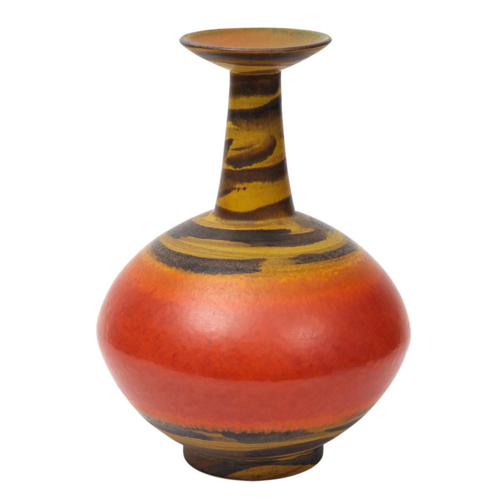 Mid-Century Modern Alvino Bagni for Raymor Vase, Ceramic, Orange, Red, Yellow, Signed