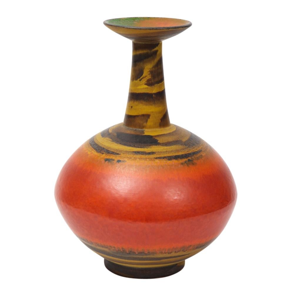 Glazed Alvino Bagni for Raymor Vase, Ceramic, Orange, Red, Yellow, Signed