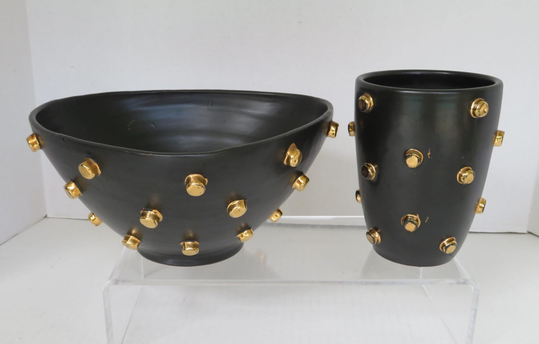 Mid-Century Modern Bagni Modern Good Friends Brutalist Black & Gold Ceramic Vessels Bitossi, 1960s