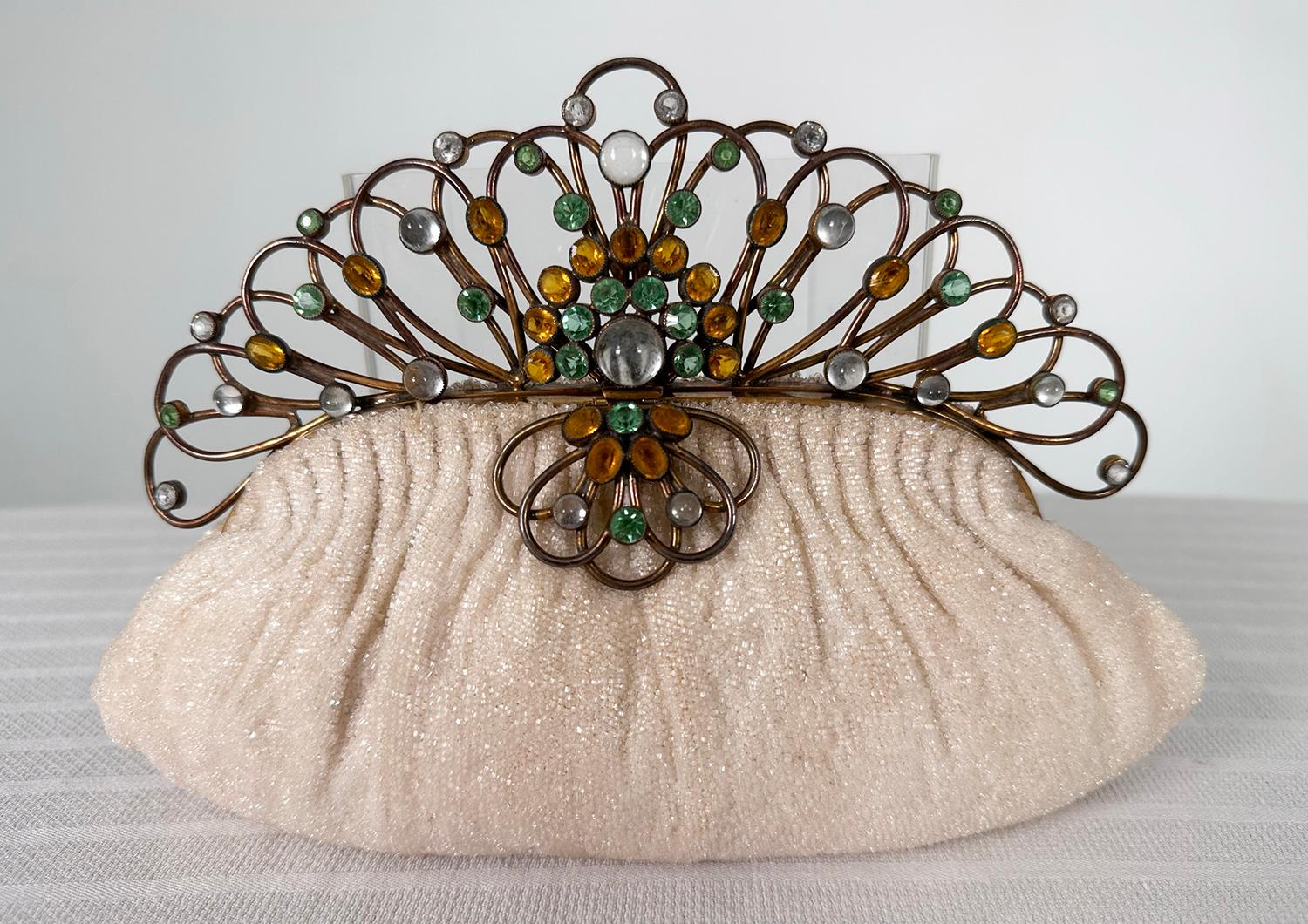 Bags by Josef Off White Caviar Hand Beaded Bag Jewel Set Frame by Hobe 1930s In Good Condition For Sale In West Palm Beach, FL