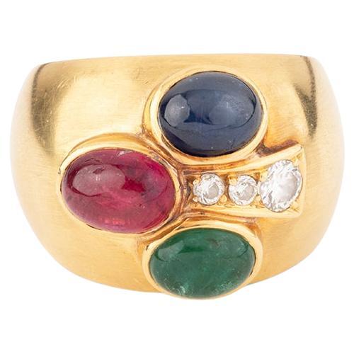 Bague ancienne en émeraude, tourmaline et saphir en trèfle