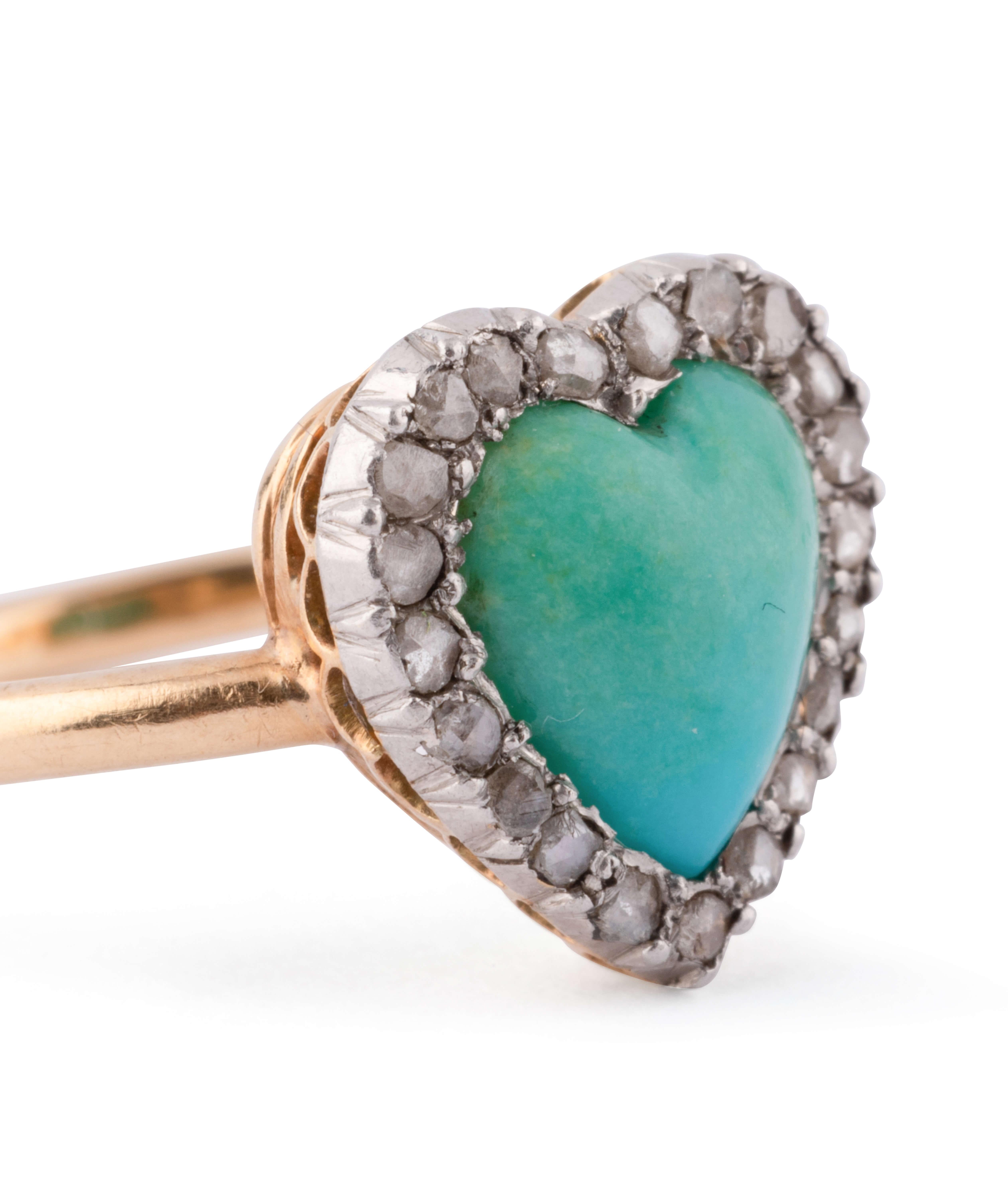 Bague ancienne en ou 18 carats, diamants et turquoise en forme de cœur en vente 4