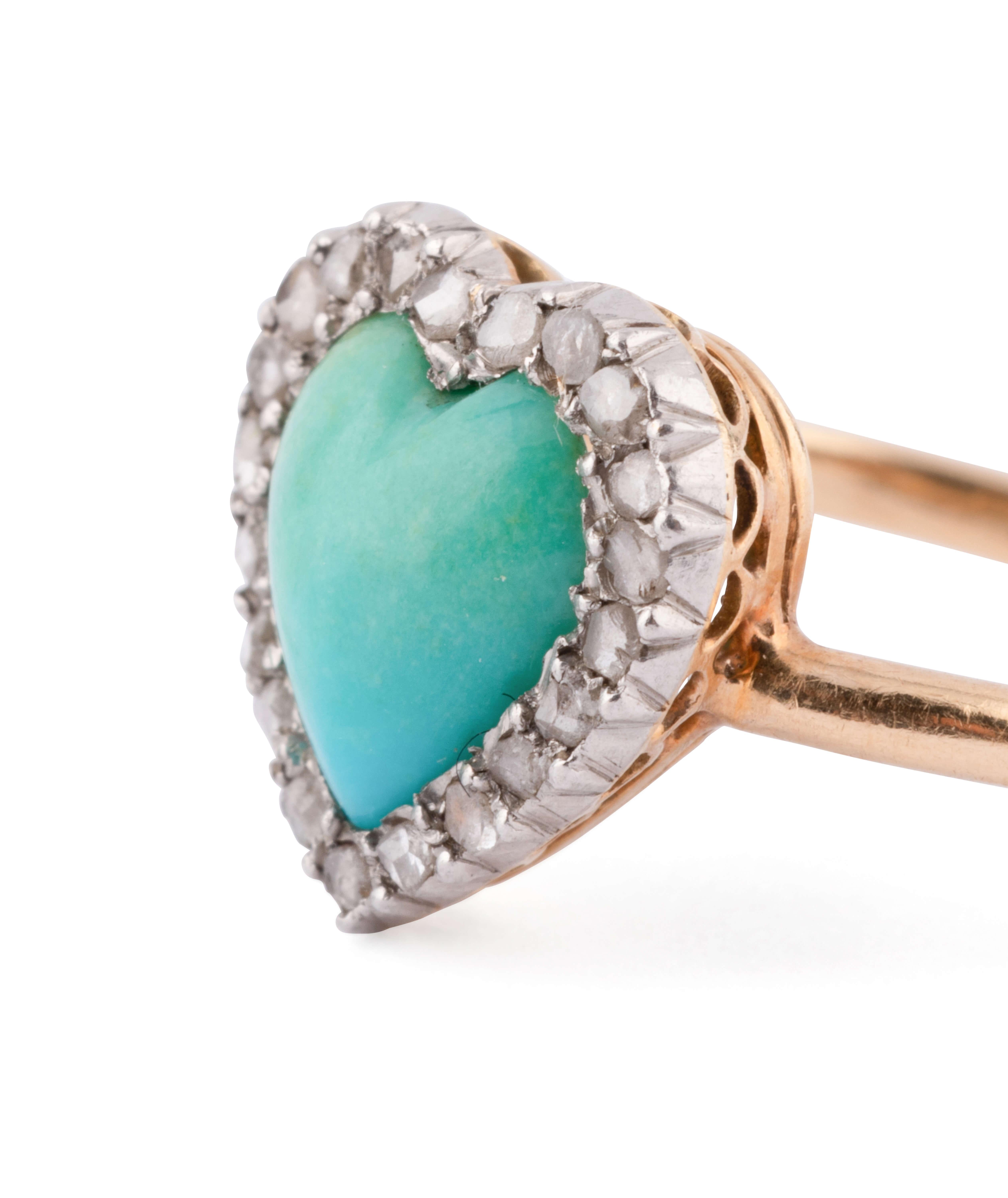 Bague ancienne en ou 18 carats, diamants et turquoise en forme de cœur en vente 5