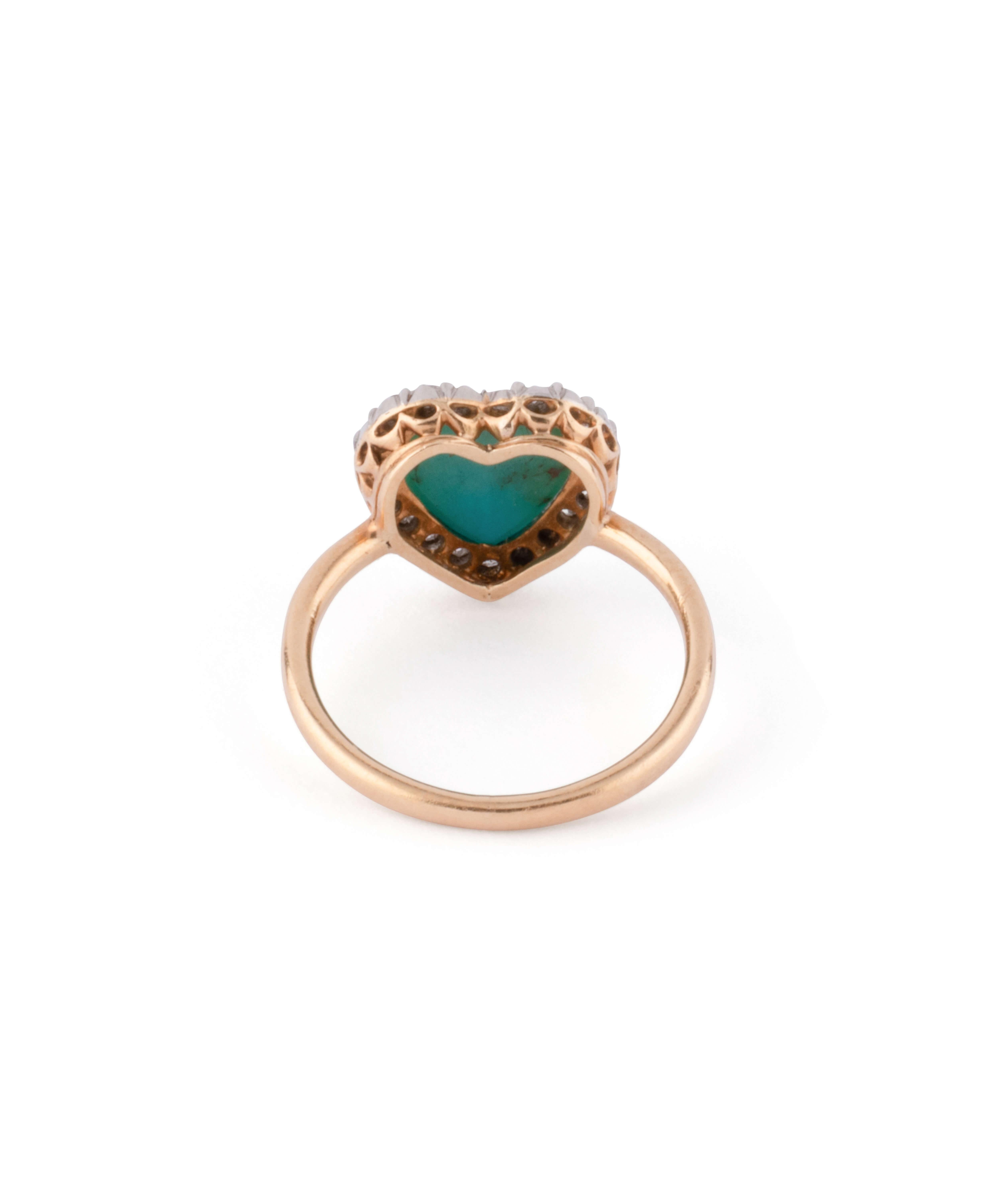 Bague ancienne en ou 18 carats, diamants et turquoise en forme de cœur Unisexe en vente