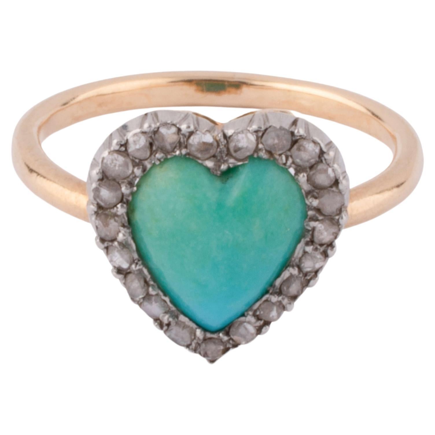 Bague ancienne en or 18 carats, diamants et turquoise en forme de coeur