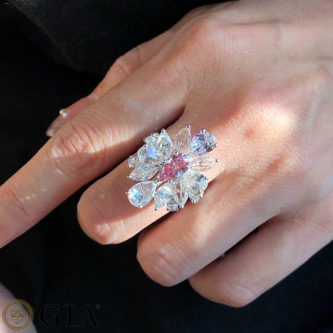 Women's GIA Certified 1 Carat Fancy Pink-Purple Pear Cut Diamond Art Deco Ring For Sale