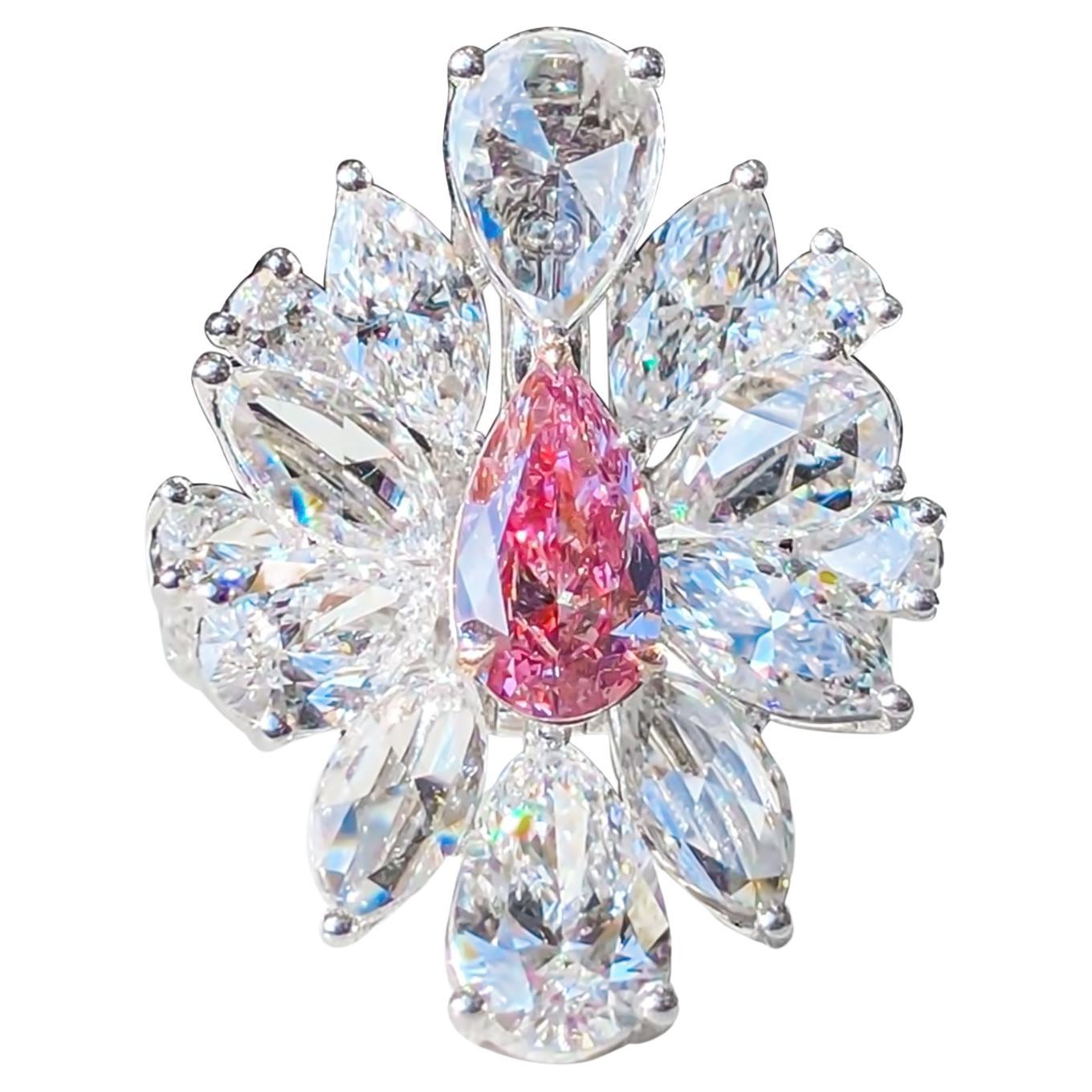 GIA Certified 1 Carat Fancy Pink-Purple Pear Cut Diamond Art Deco Ring For Sale