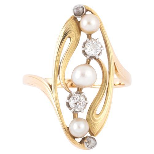 Bague Art nouveau en oder 18 Karat, Perle und Diamanten im Angebot