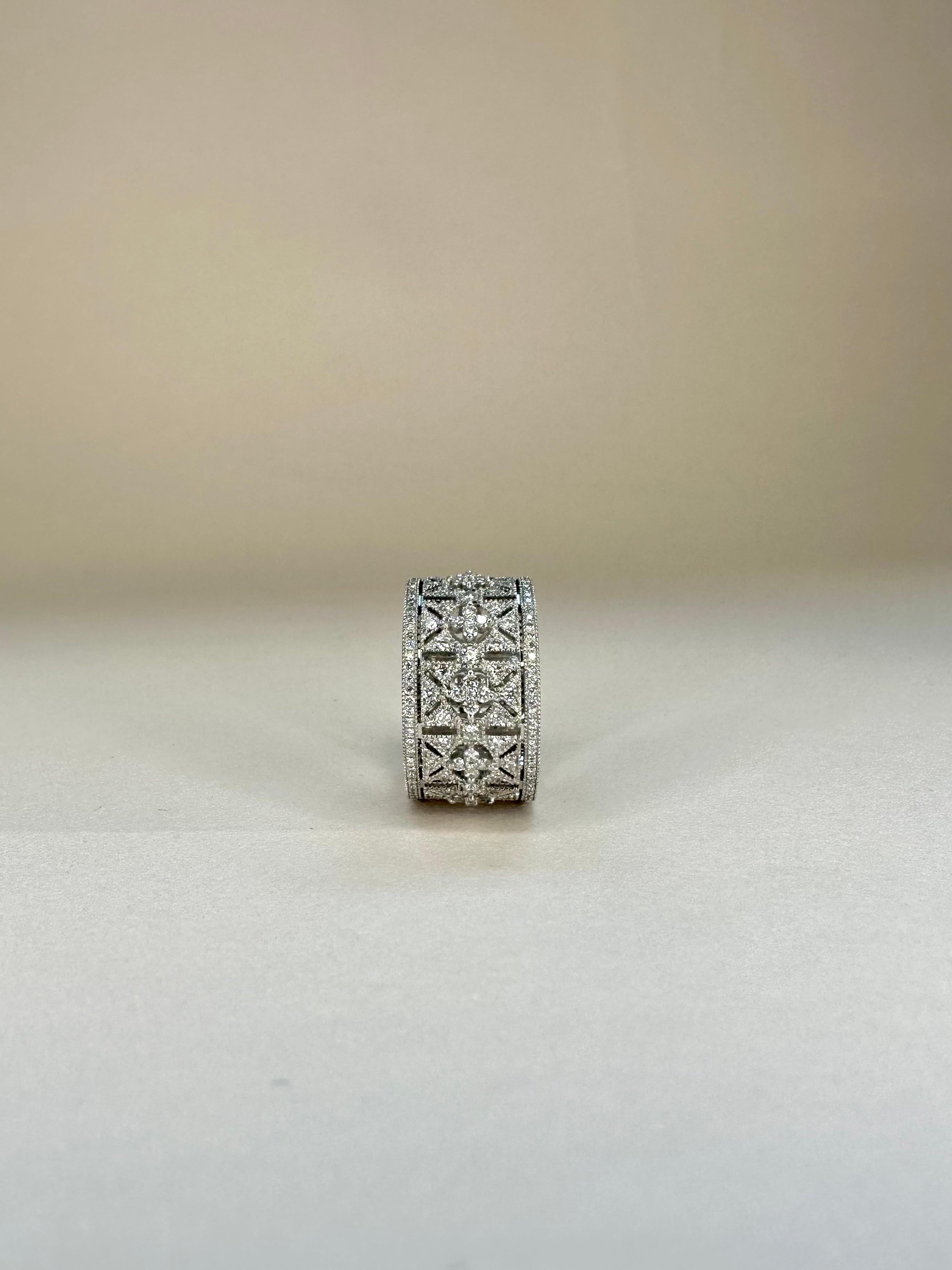 For Sale:  18k White Gold Art Deco Style Band Ring 1.28 Carats of Diamonds Milgrain Setting 4