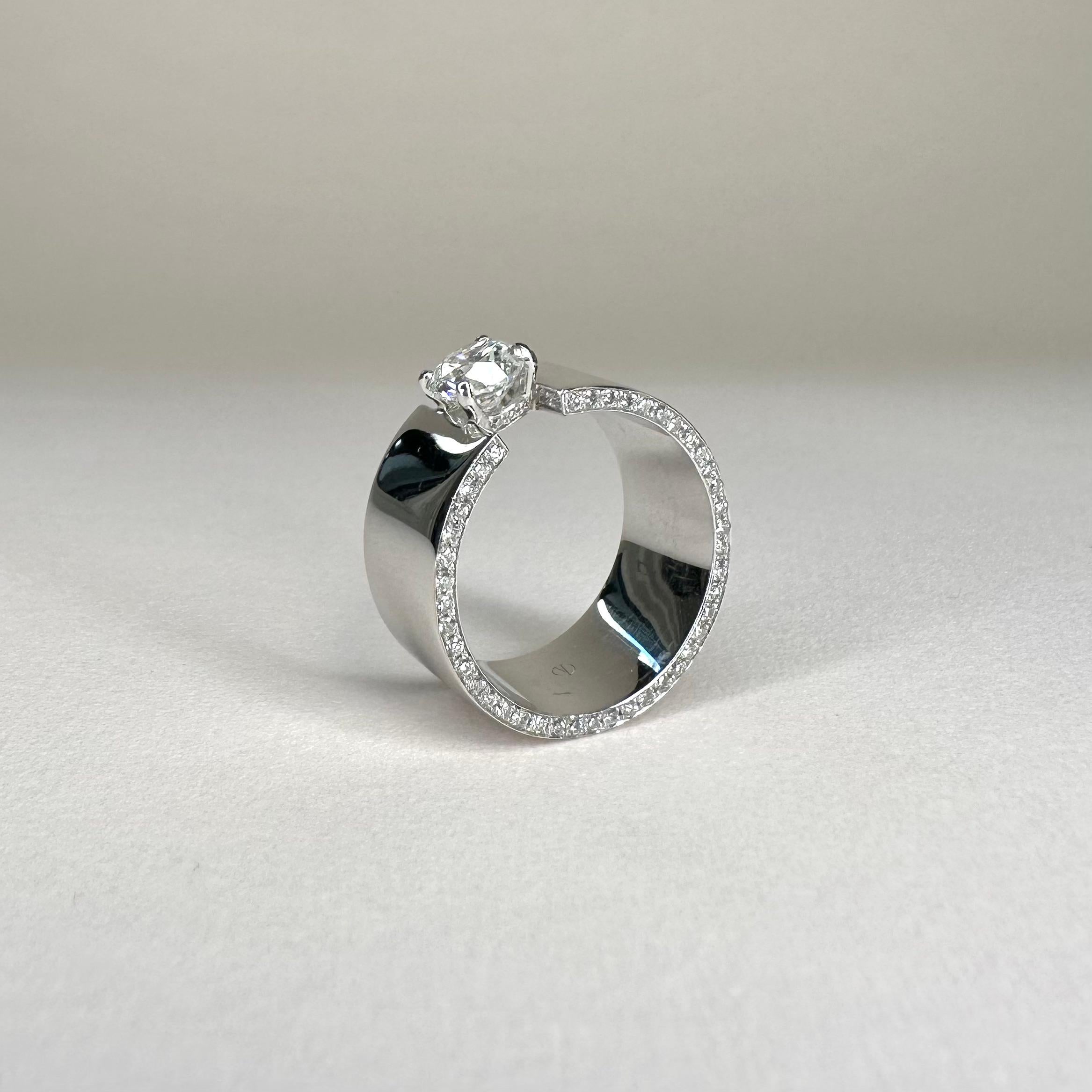 Bague Bandeau En or Blanc Palladi 18 Ct Et Diamant Central 0,90 Ct, Pav 0,69ct im Angebot 2
