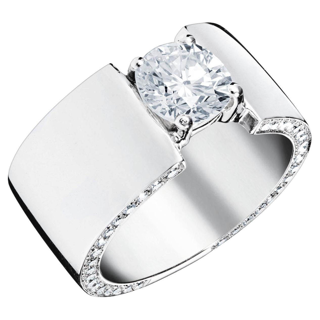 Bague Bandeau En or Blanc Palladié 18 Ct Et Diamant Central 0, 90 Ct, Pavé 0, 69ct