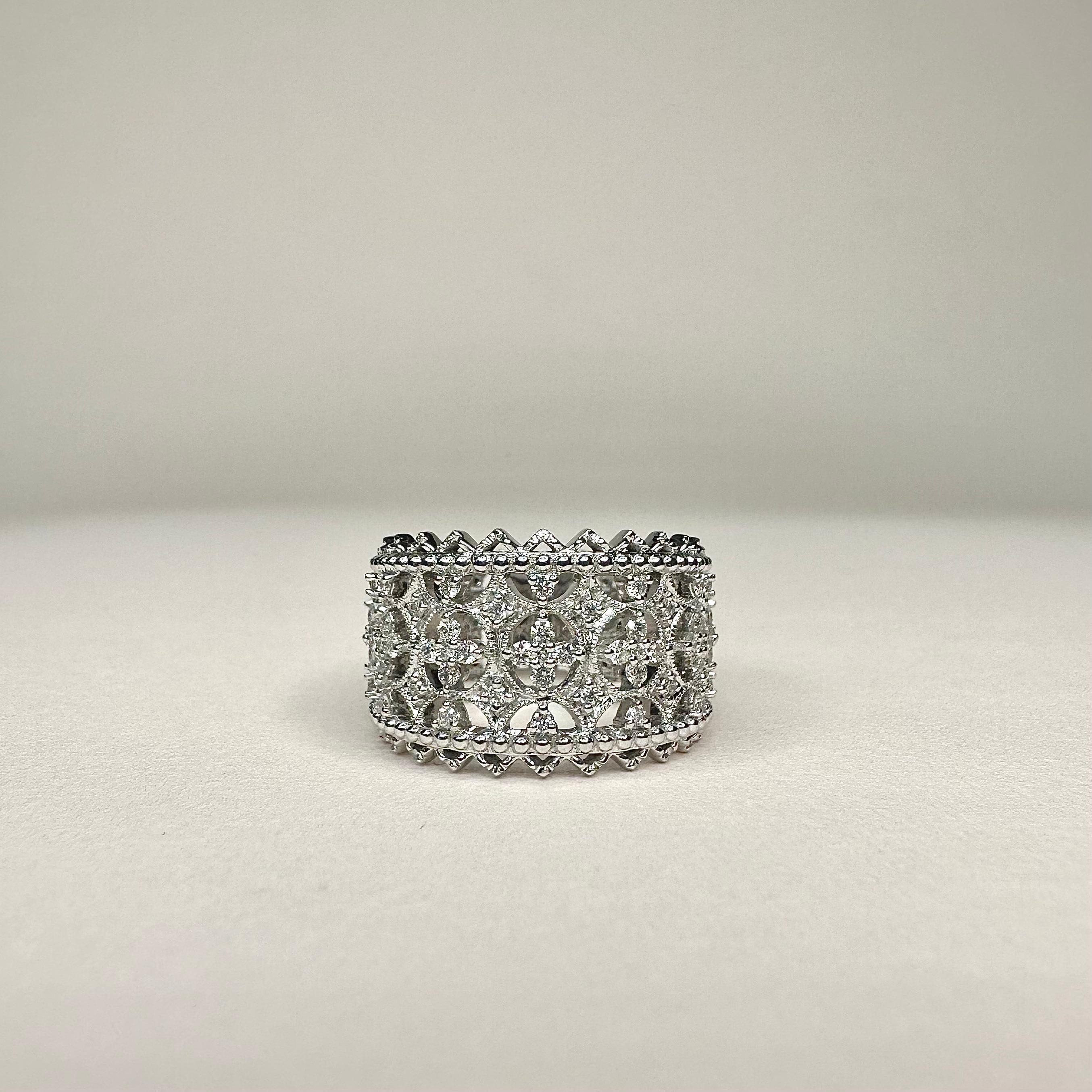 For Sale:  18k White Gold Lace Design Band Ring set with 1.1 Carats of Diamonds 3