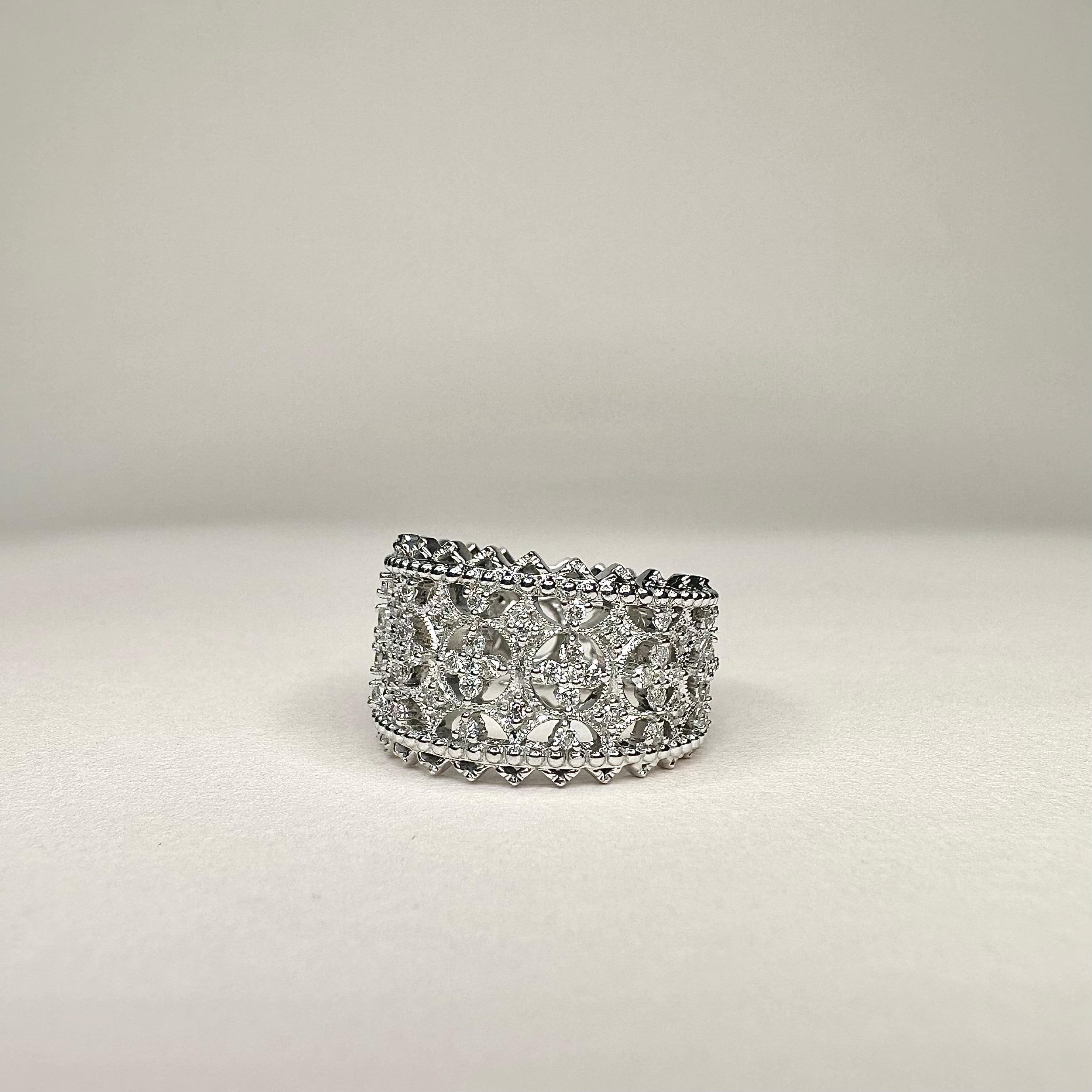 For Sale:  18k White Gold Lace Design Band Ring set with 1.1 Carats of Diamonds 4
