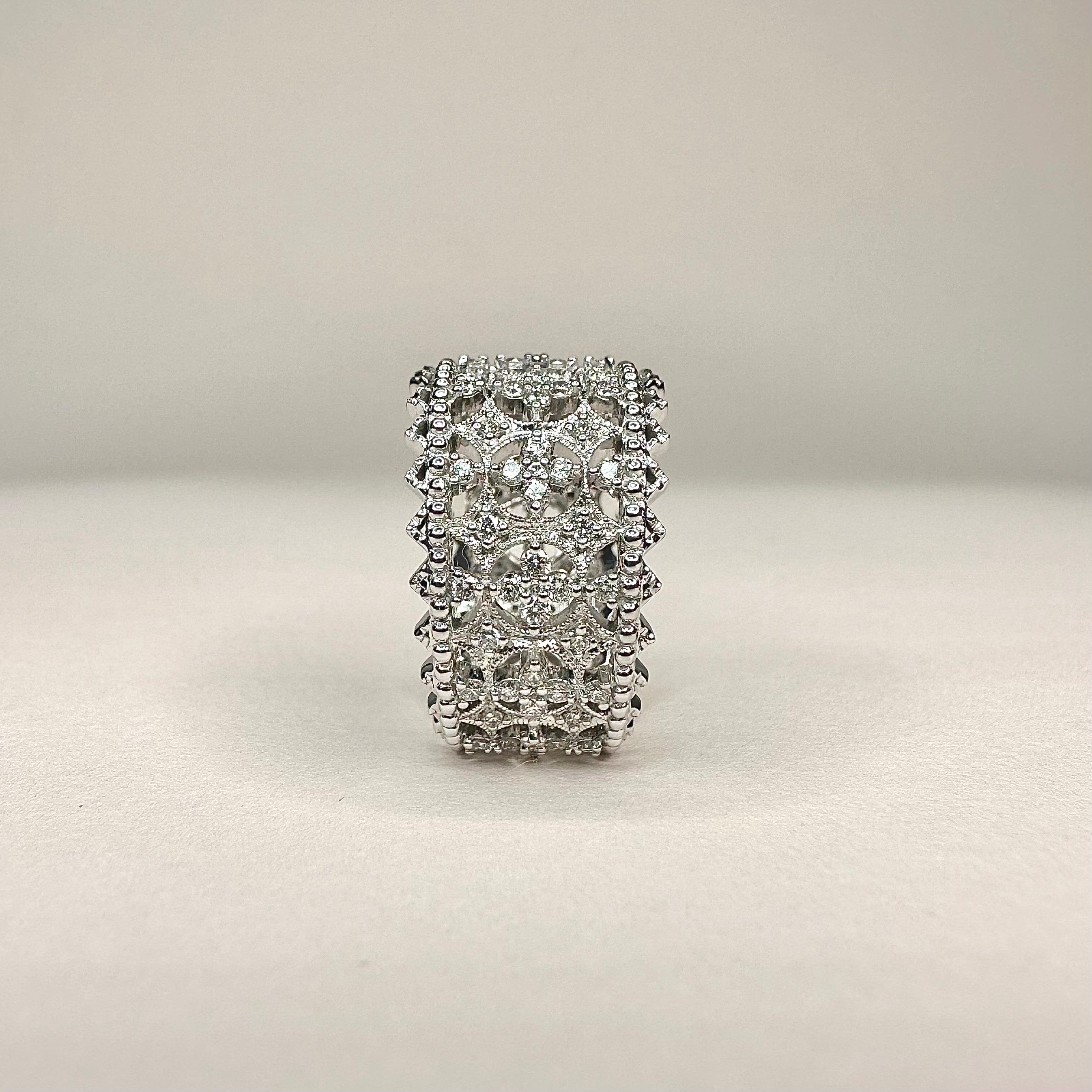 For Sale:  18k White Gold Lace Design Band Ring set with 1.1 Carats of Diamonds 5