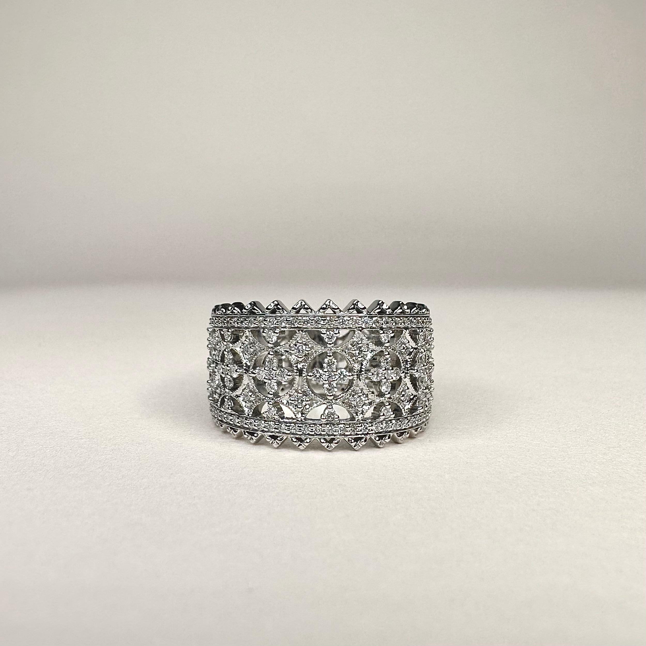 For Sale:  18k White Gold Lace Design Band Ring set with 1.79 Carats of Diamonds 3