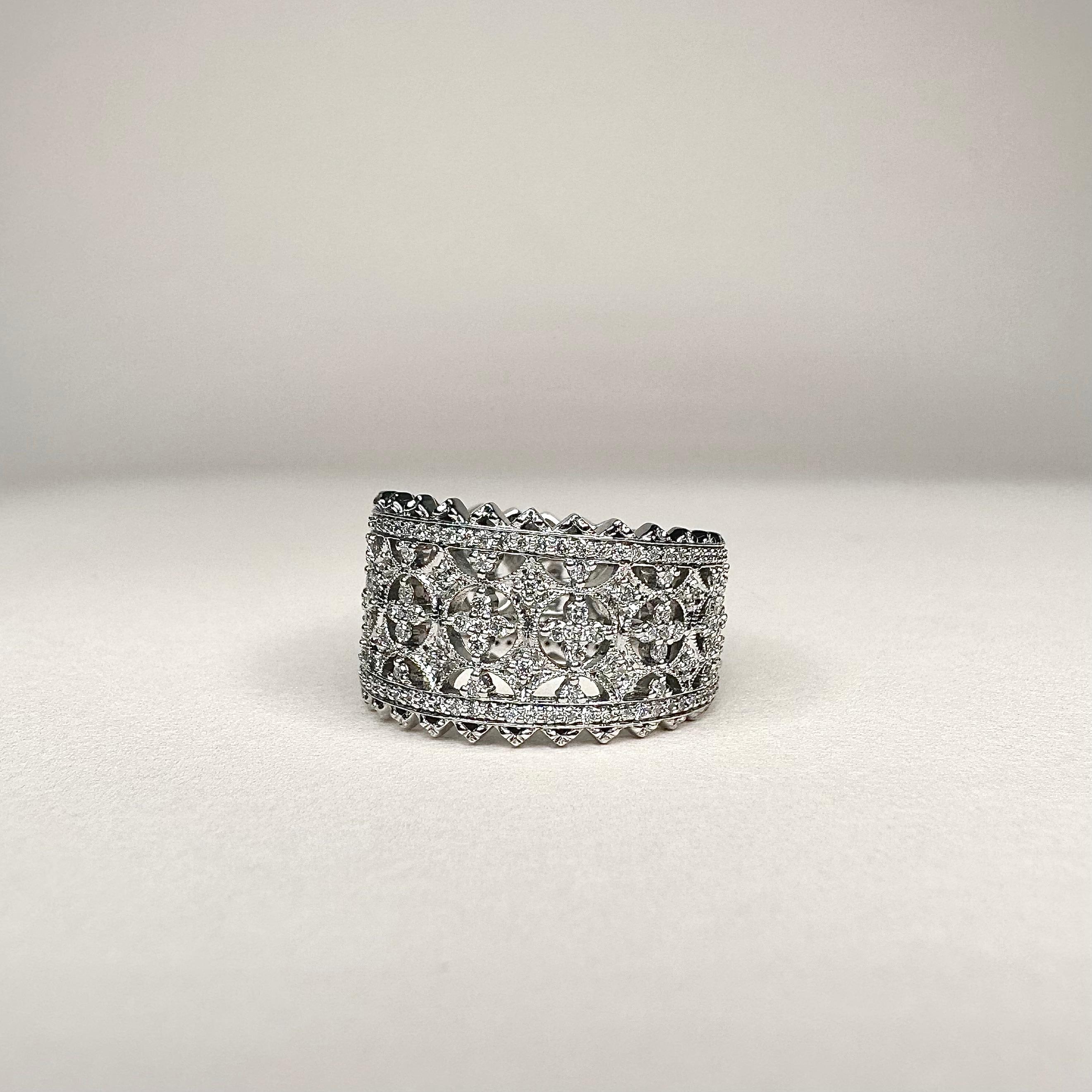 For Sale:  18k White Gold Lace Design Band Ring set with 1.79 Carats of Diamonds 4