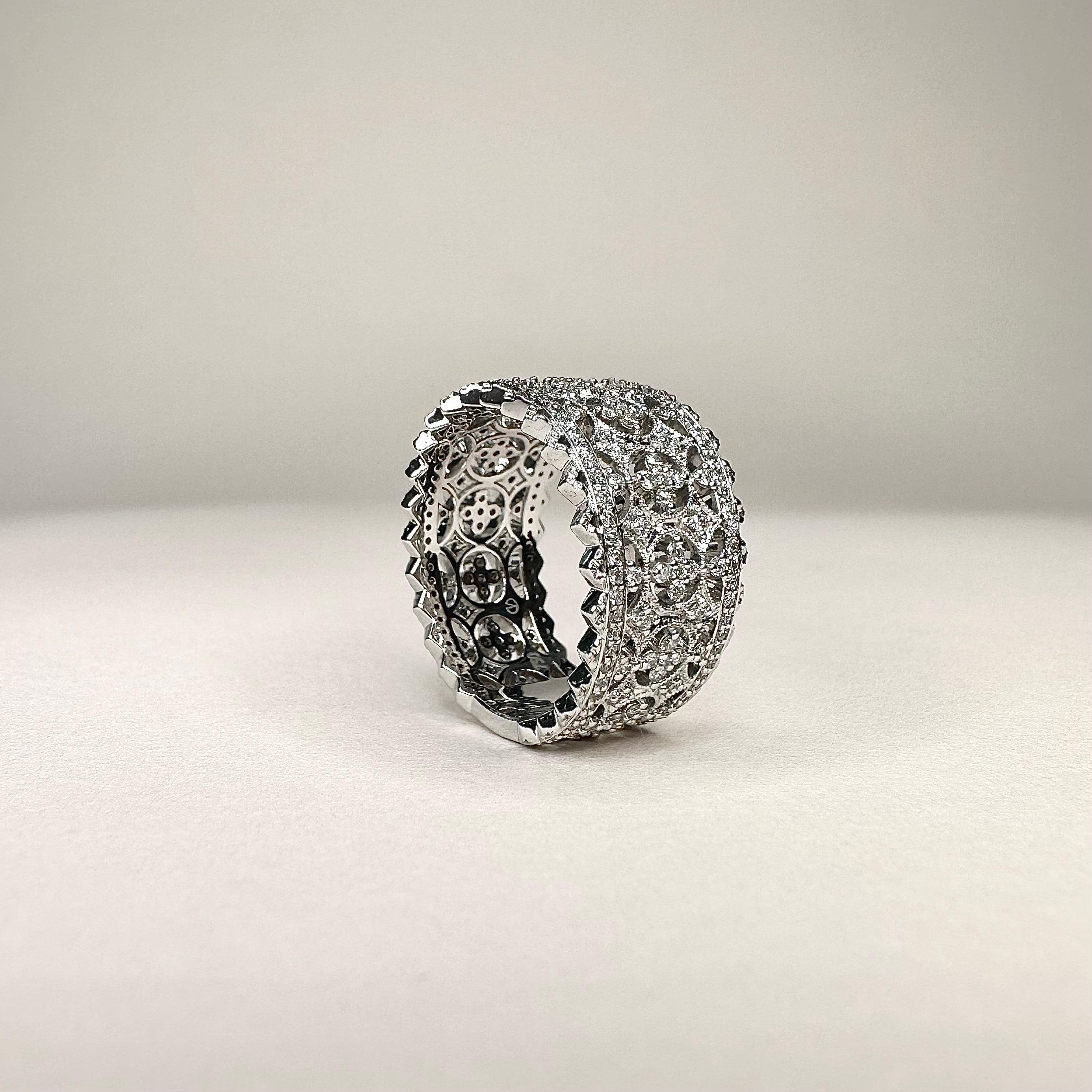 For Sale:  18k White Gold Lace Design Band Ring set with 1.79 Carats of Diamonds 5