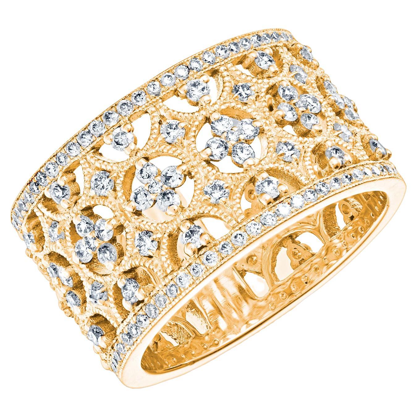 For Sale:  18k Yellow Gold Lace Band Ring 1.16 Cts Of Diamonds Milgrain Setting