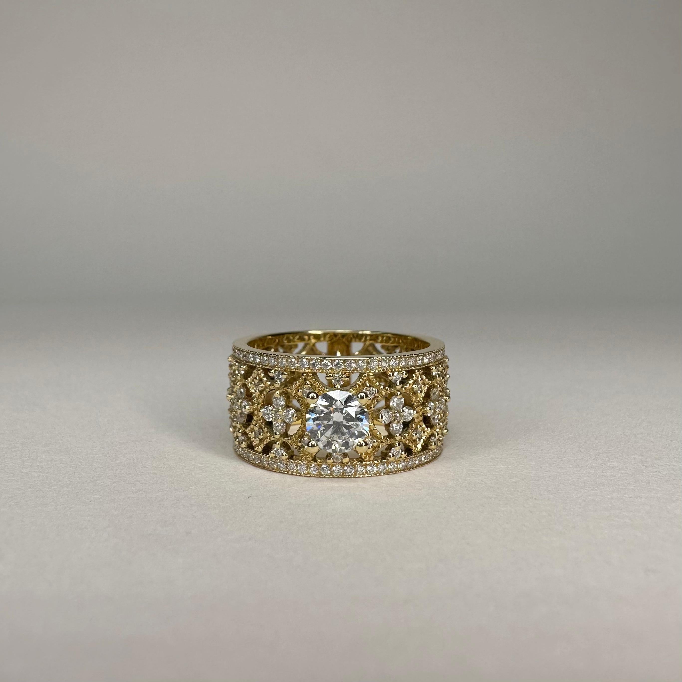 For Sale:  18k Yellow Gold Lace Band Ring 0.50 Carat Brilliant Cut Diamond and 1.16 Cts 3