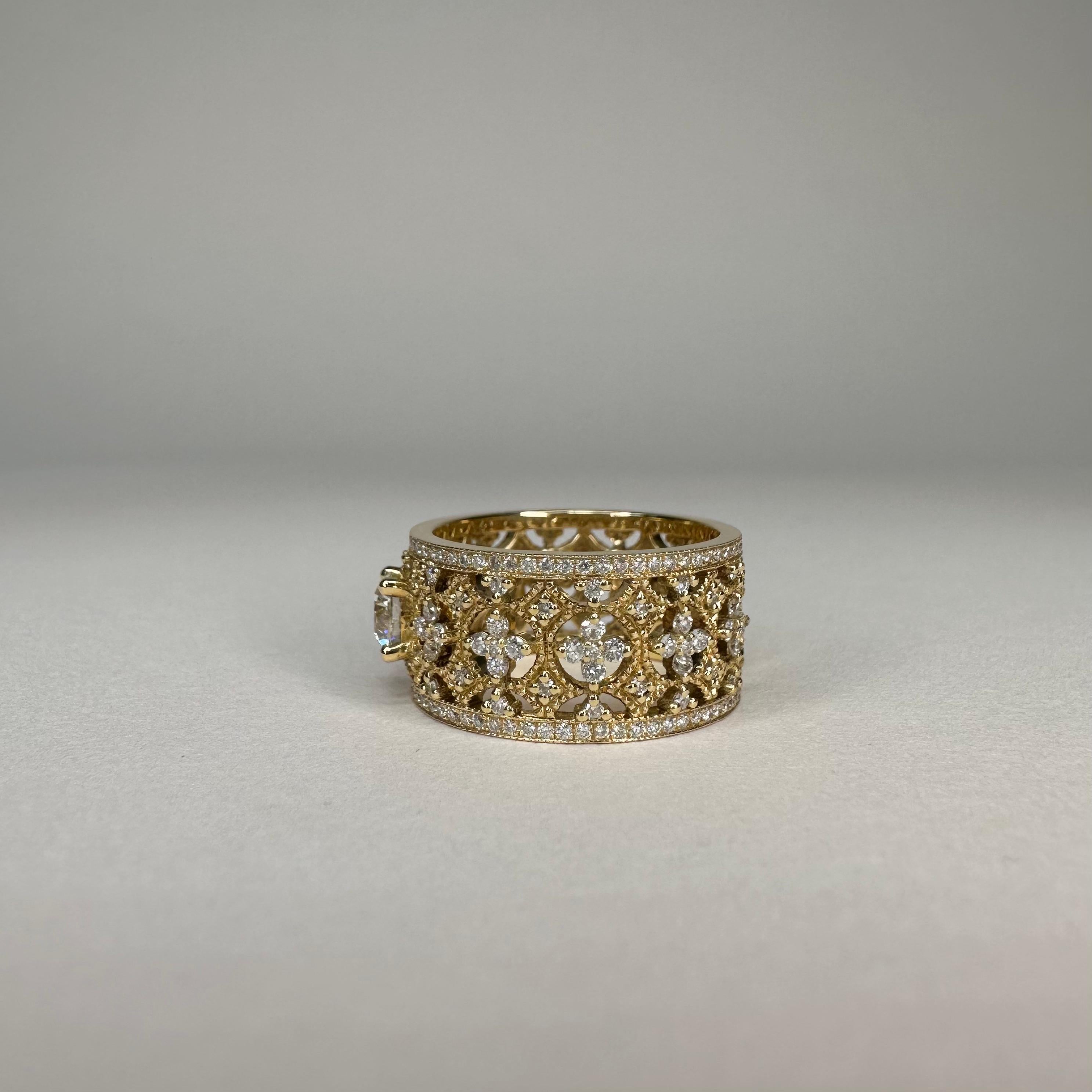 For Sale:  18k Yellow Gold Lace Band Ring 0.50 Carat Brilliant Cut Diamond and 1.16 Cts 5