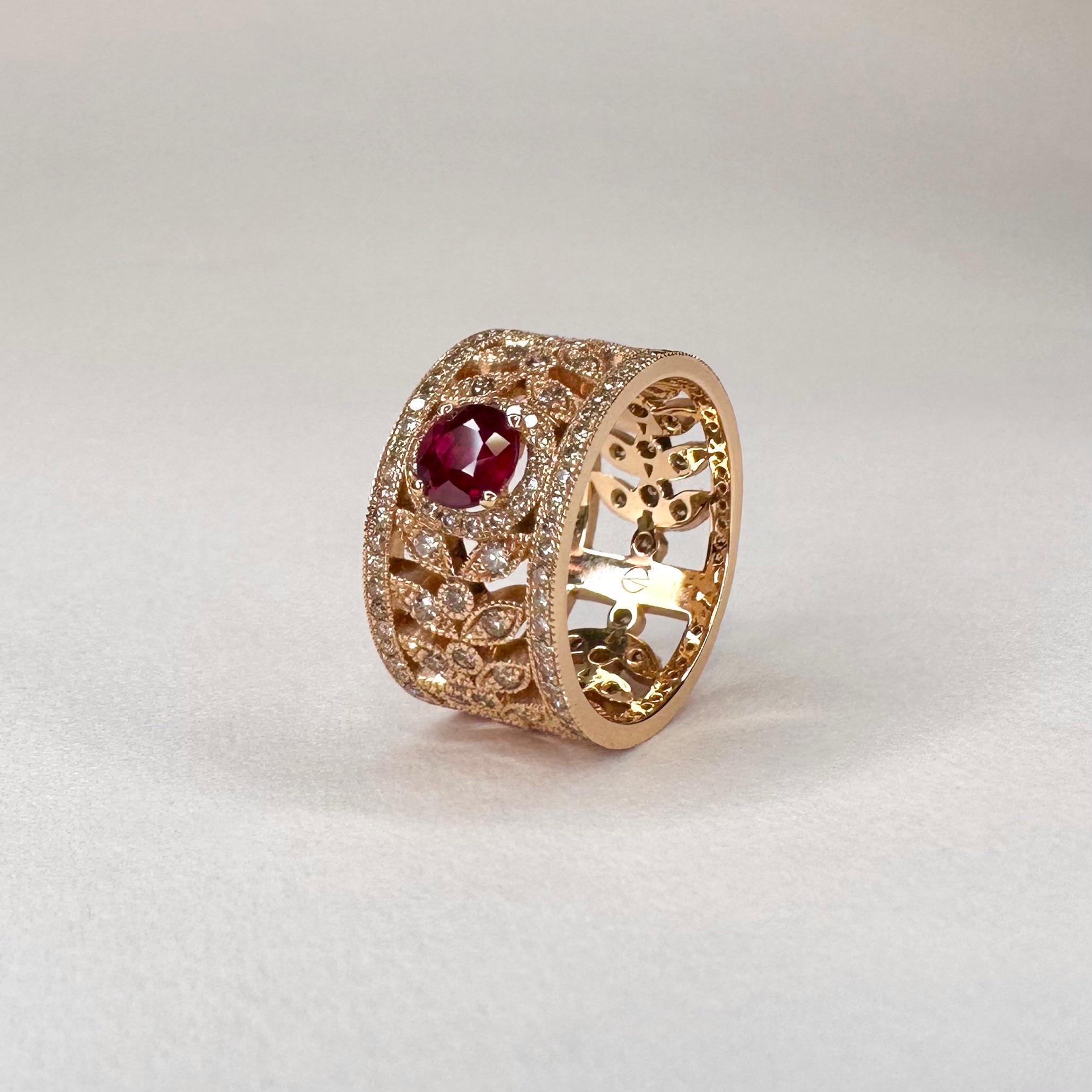 in vendita:  Anello a fascia in oro rosa 18k con foglie di alloro, rubino rotondo da 0,56 carati e 1,15 carati di diamanti 5