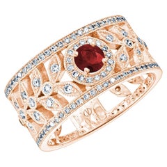 Bague à anneau feuille de laurier en or rose 18 carats, rubis rond 0,56 carat et 1,15 carat de diamants