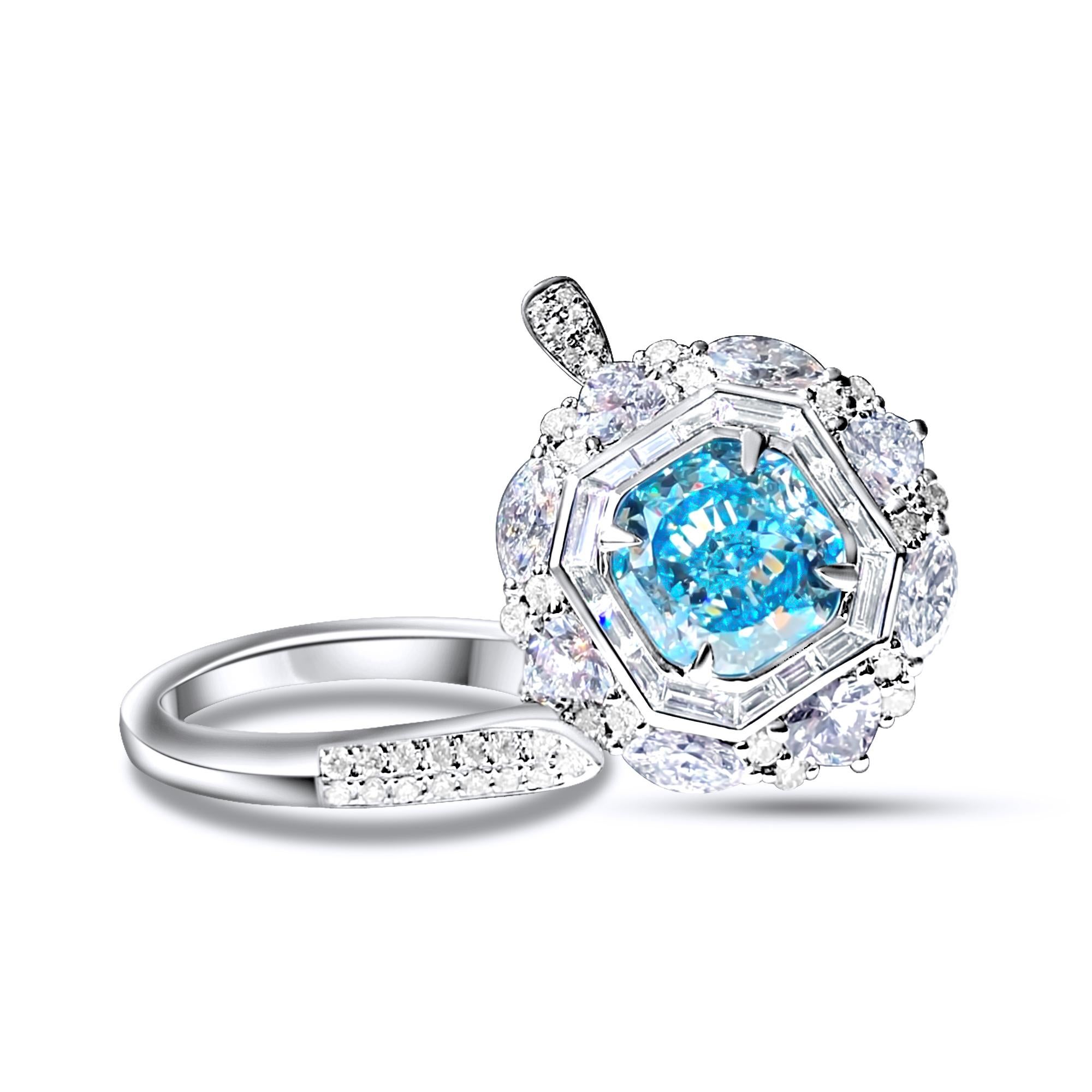 Square Cut 2.29ct GIA Certified Blue Cushion Cut Diamond Cocktail Ring For Sale
