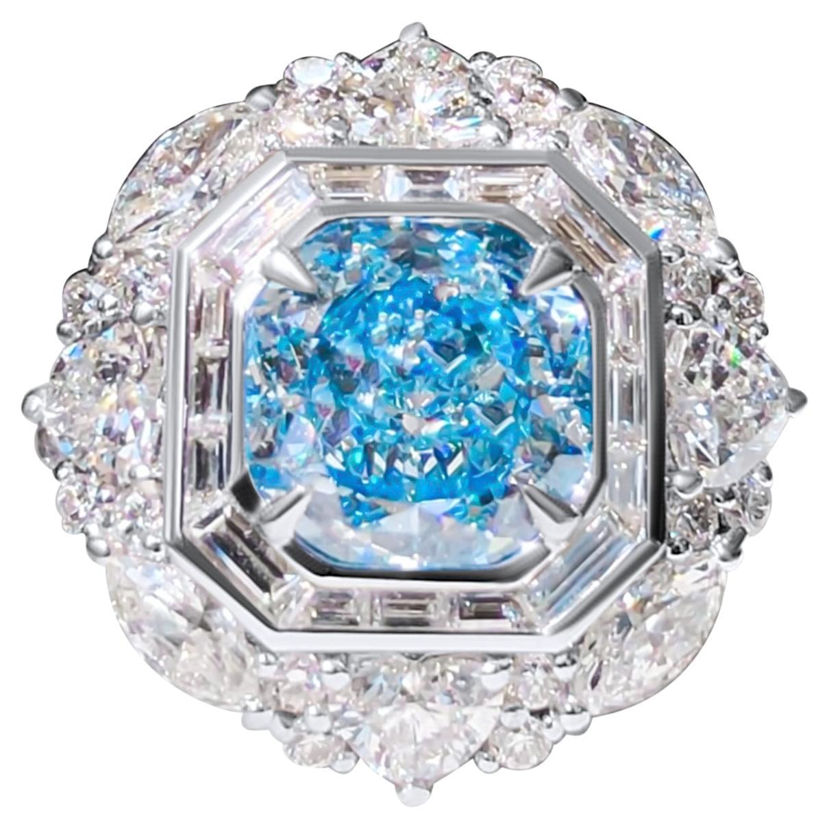 2.29ct GIA Certified Blue Cushion Cut Diamond Cocktail Ring For Sale