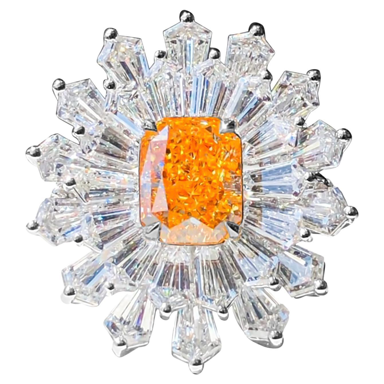 GIA Certified 2 Carat Orange Emerald Cut Diamond Modern Cocktail Ring For Sale