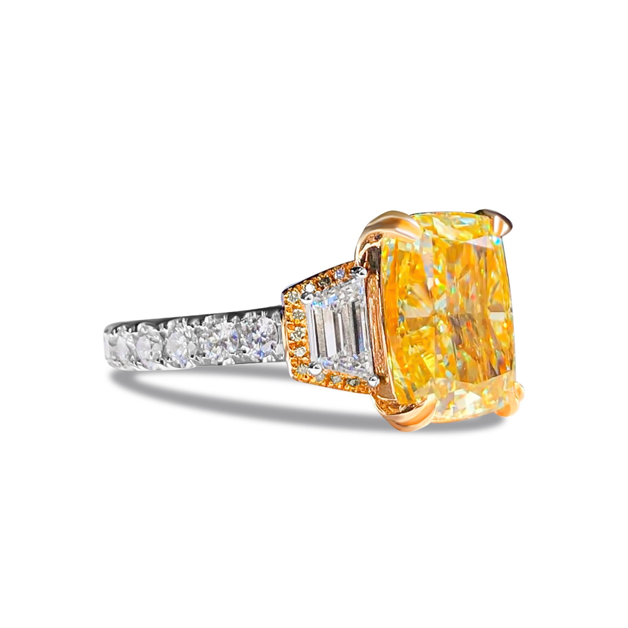Modern GIA Certified 5.01 Carat Yellow Cushion Diamond Engagement Ring For Sale