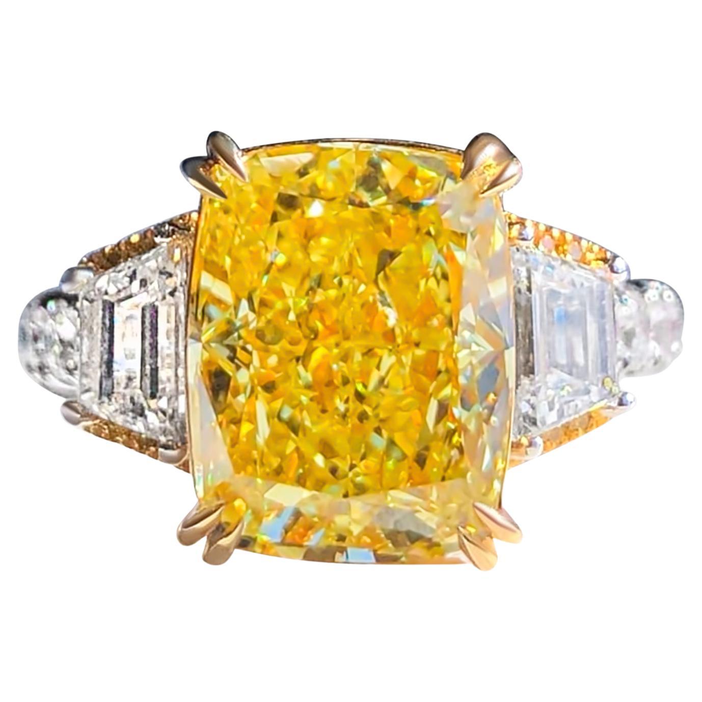 GIA Certified 5.01 Carat Yellow Cushion Diamond Engagement Ring For Sale