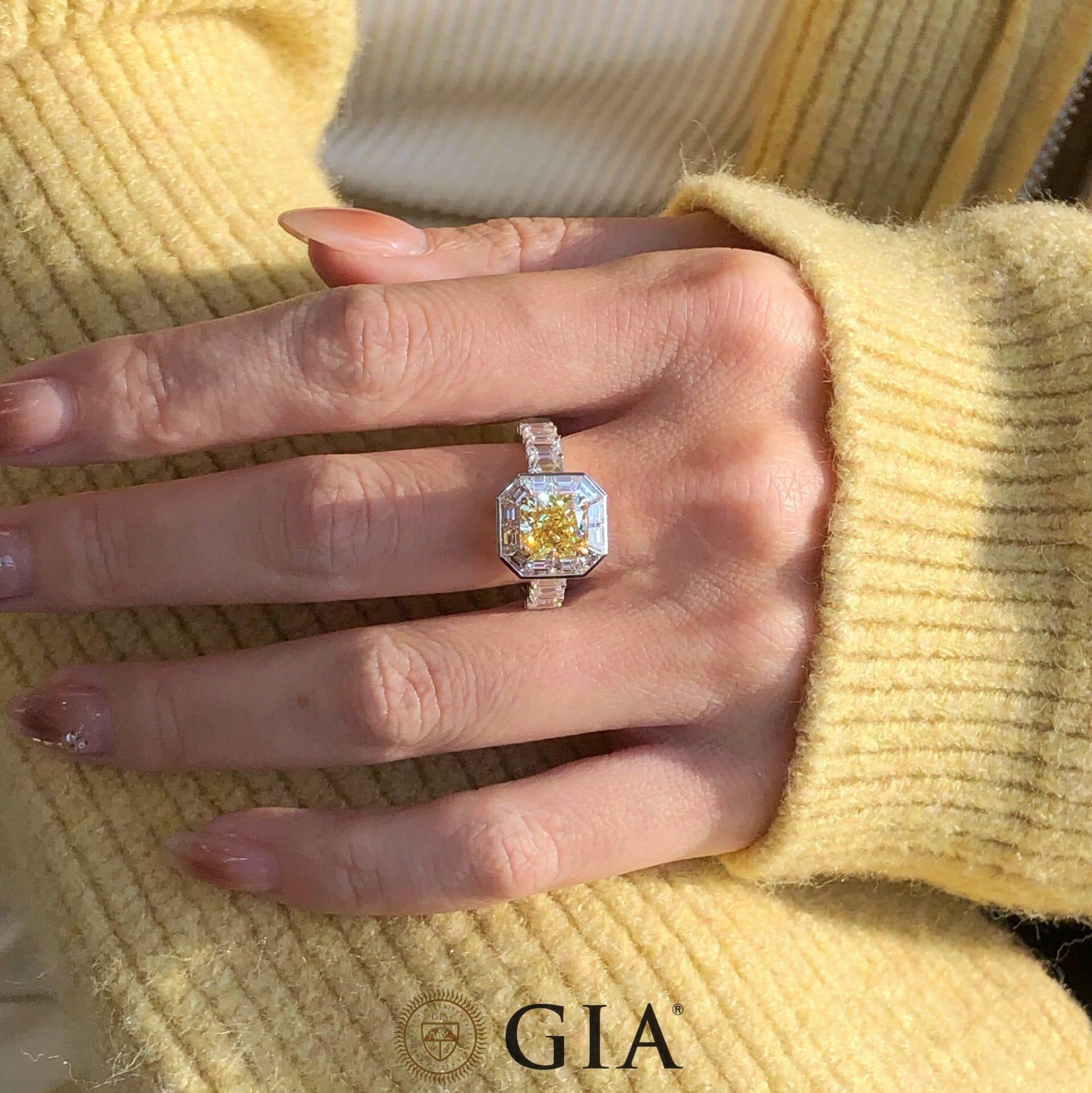Cushion Cut 2.19ct Fancy Intense Yellow Diamond Engagement Ring GIA For Sale