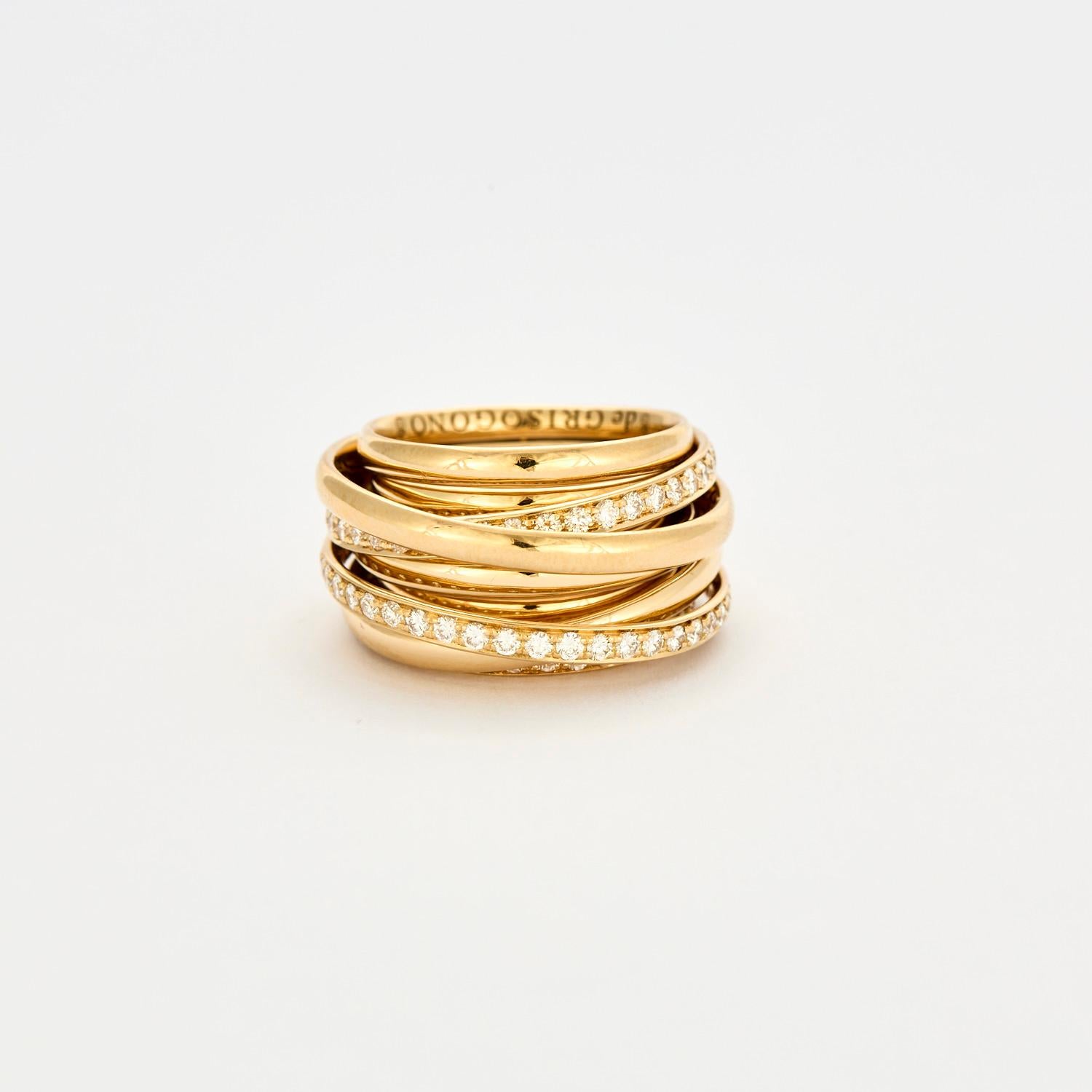 Bague Allegra De Grisogono en or jaune 18k et diamants.
Prix de vente au détail : 15 000 euros.
Condit : excellent.
Circa 2010.
Taille : 51 (non modifiable).
Poids du diamant : 2,05 carats.
Poids total : 25 gr.
Poinçon De Grisogono.
Signés et