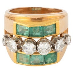 Bague des années 50 en or 18 carats, émeraudes et diamants